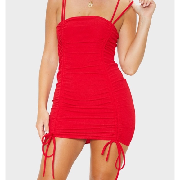 strapless open back dress Femi Ruched Backless Bodycon Mini Dress in Red main image 0